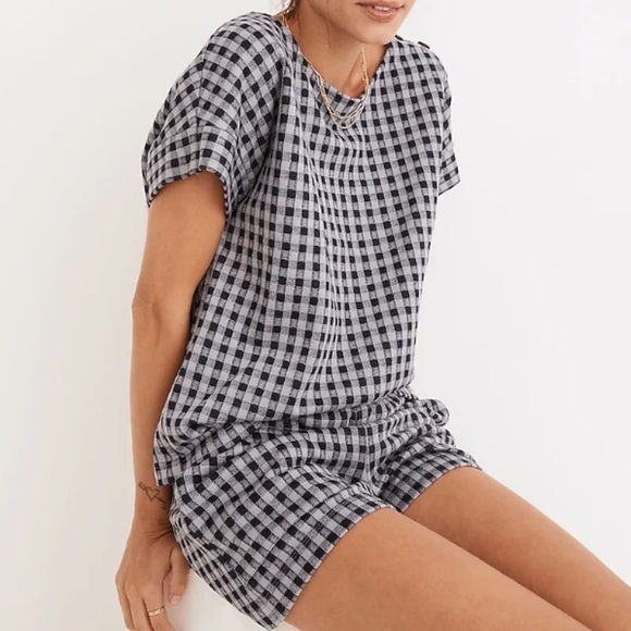 NWT Madewell Gingham Knit Seersucker Button Shoulder Top XS - Picture 8 of 9